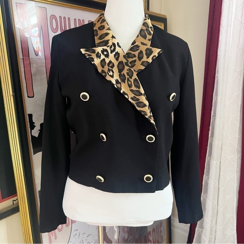Positive Attitude: Vintage 80's Cropped Black Leopard Print Gold Button Blazer